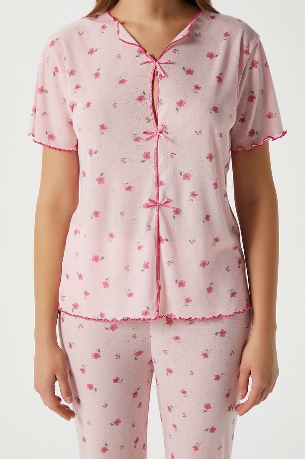 Kadın Juliet Kurdeleli Yumuşak Doku Pembe Çiçekli Pijama Takımı - 3