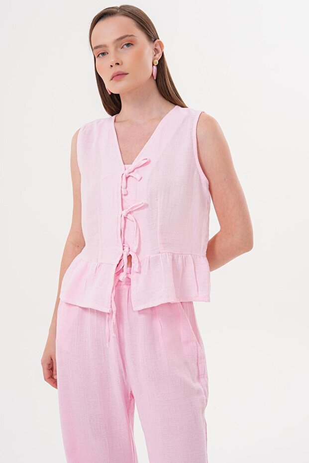 Women's Pink Tie Front Sleeveless Skirt Ruffled Muslin Blouse