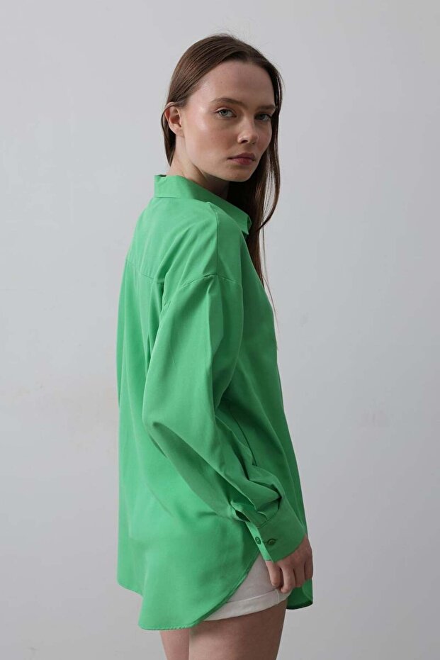 Kadın Yeşil Oversize Basic Uzun Gömlek - 6