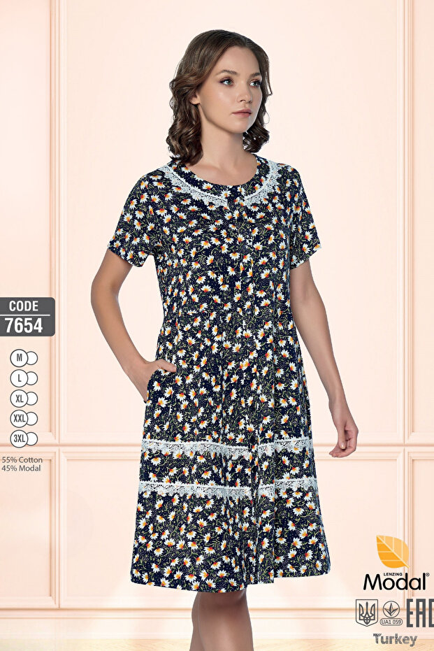 Women's Cotton Modal Fabric Button Detailed Patterned Stylish Dress 7654