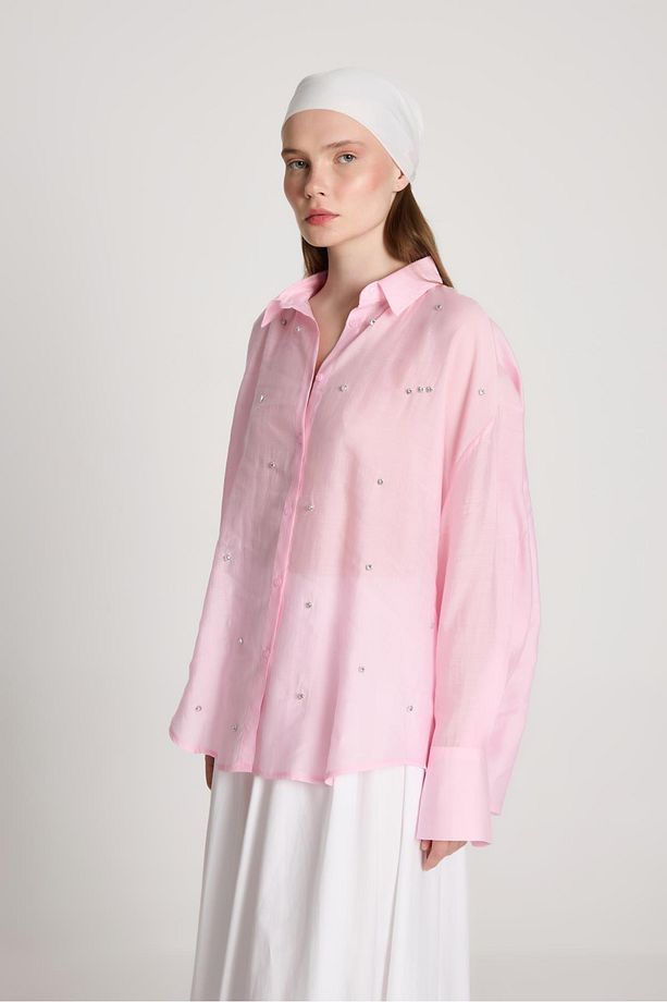 Breeze Oversize Taş Detaylı Gömlek Pembe - 8