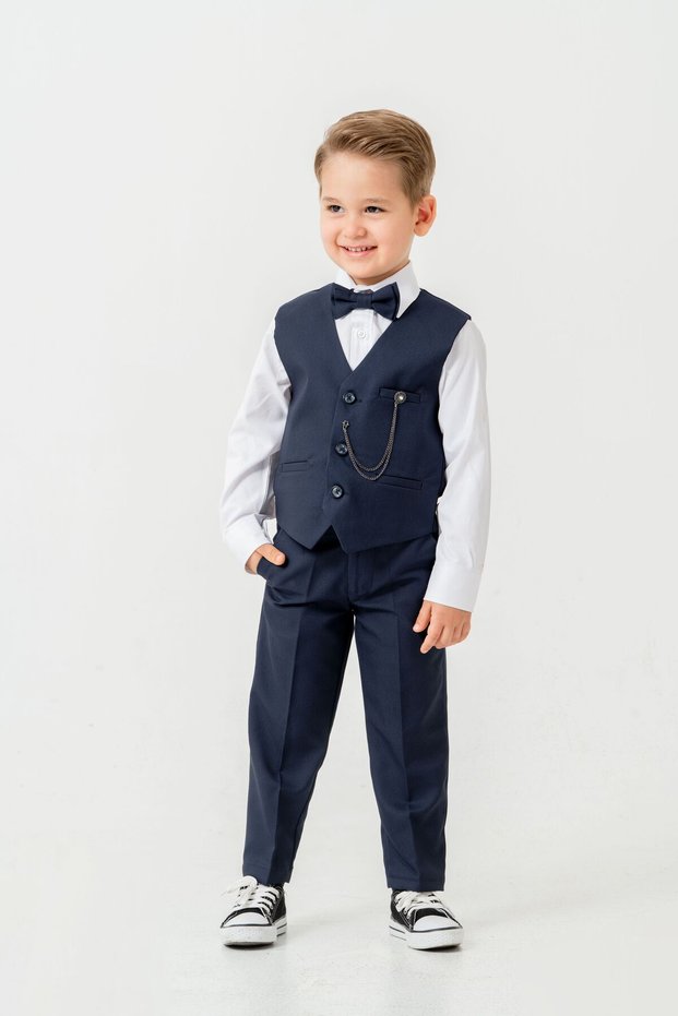 Boys Slim Fit Suit with Vest – 4 Pieces (Vest, Pants, Shirts, Bow Tie)