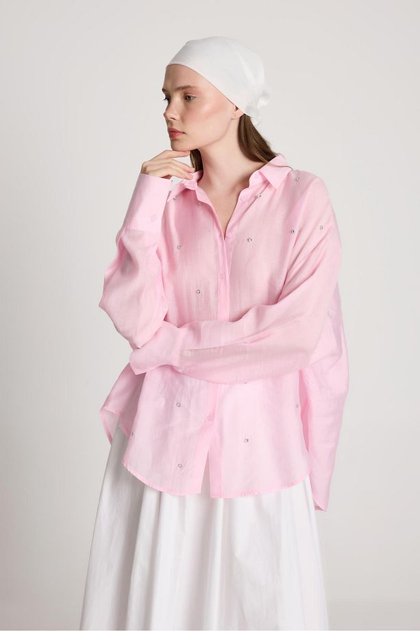 Breeze Oversize Taş Detaylı Gömlek Pembe - 7