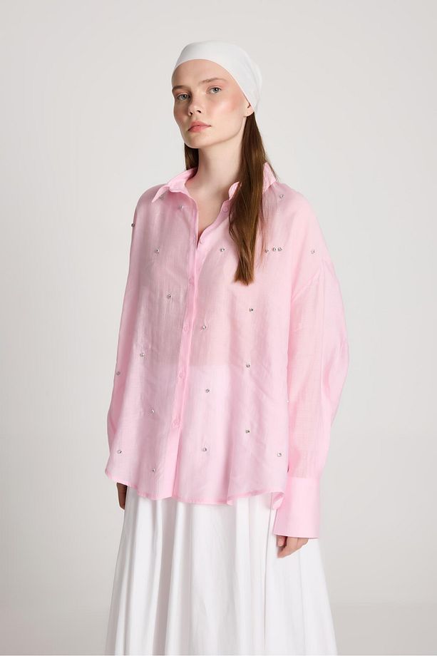 Breeze Oversize Taş Detaylı Gömlek Pembe - 5