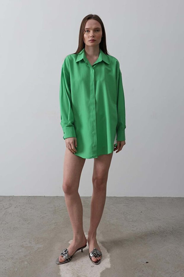 Kadın Yeşil Oversize Basic Uzun Gömlek - 7