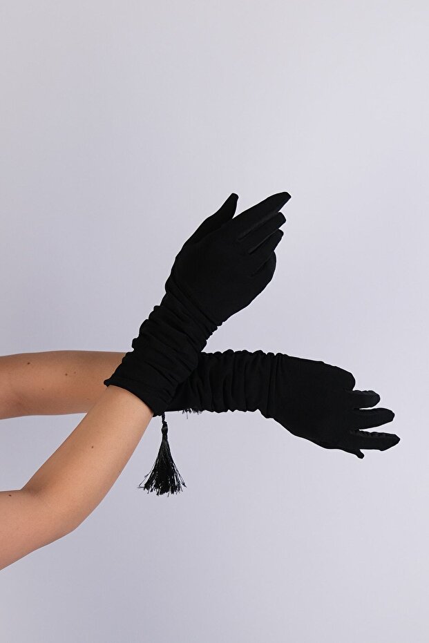 Black Long Tassel Detailed Bridal Gloves