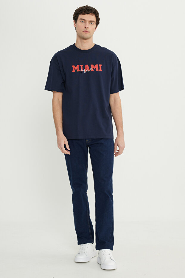 Erkek Lacivert-Kırmızı Oversize %100 Pamuk Geniş Kesim Baskılı Bisiklet Yaka Tişört - 2