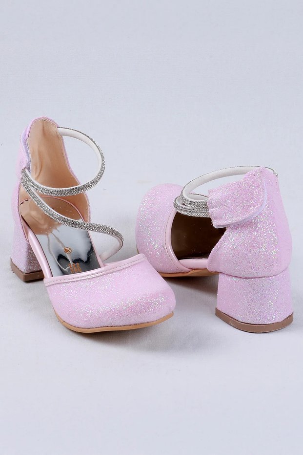 Girls' High Heel Shoes-Ankle Velcro, Easy Wear-Rhinestone, Glittery Children's Evening Dress Shoes