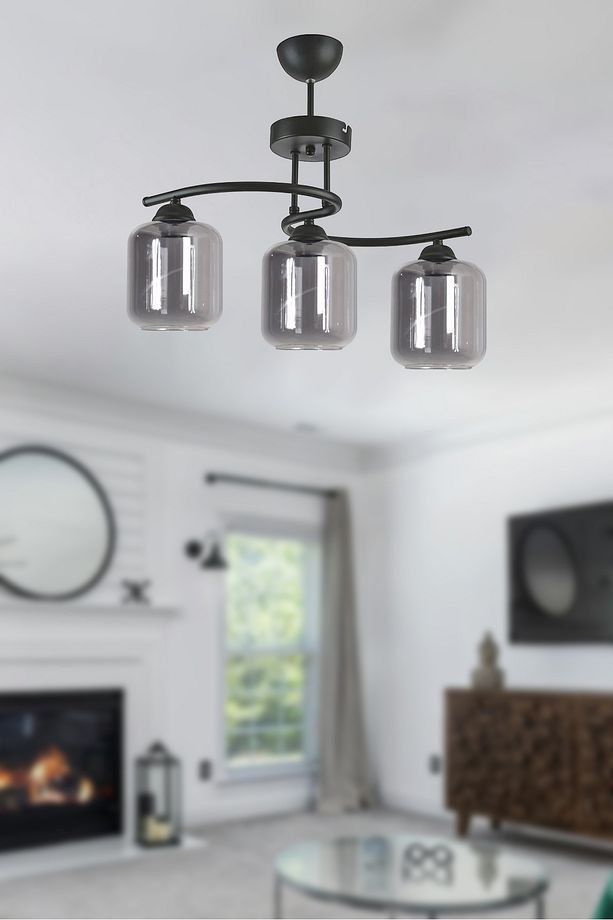 Fuji Modern Dekoratif Salon - Mutfak - Yatak Odası Siyah Renk Camlı 3 Lü Avize - 1