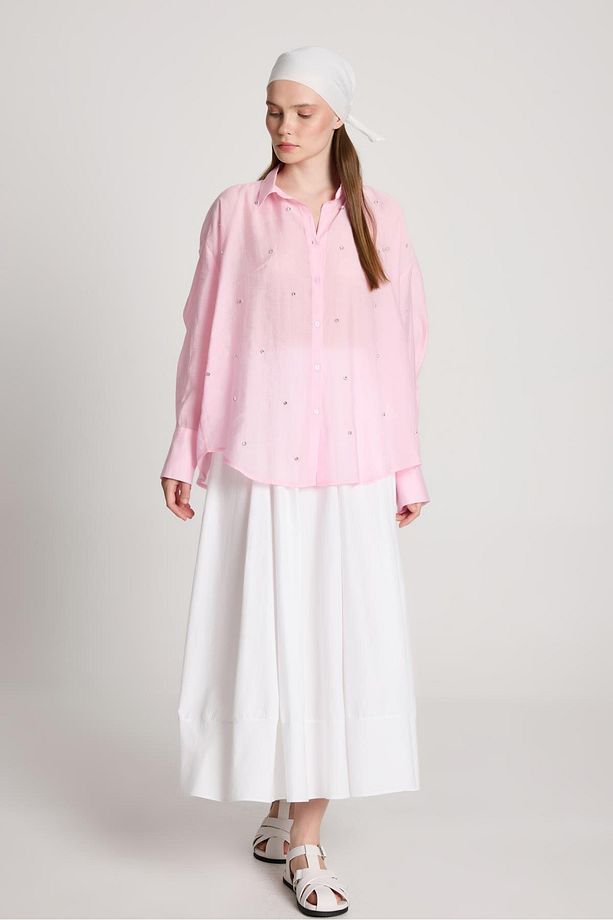 Breeze Oversize Taş Detaylı Gömlek Pembe - 2