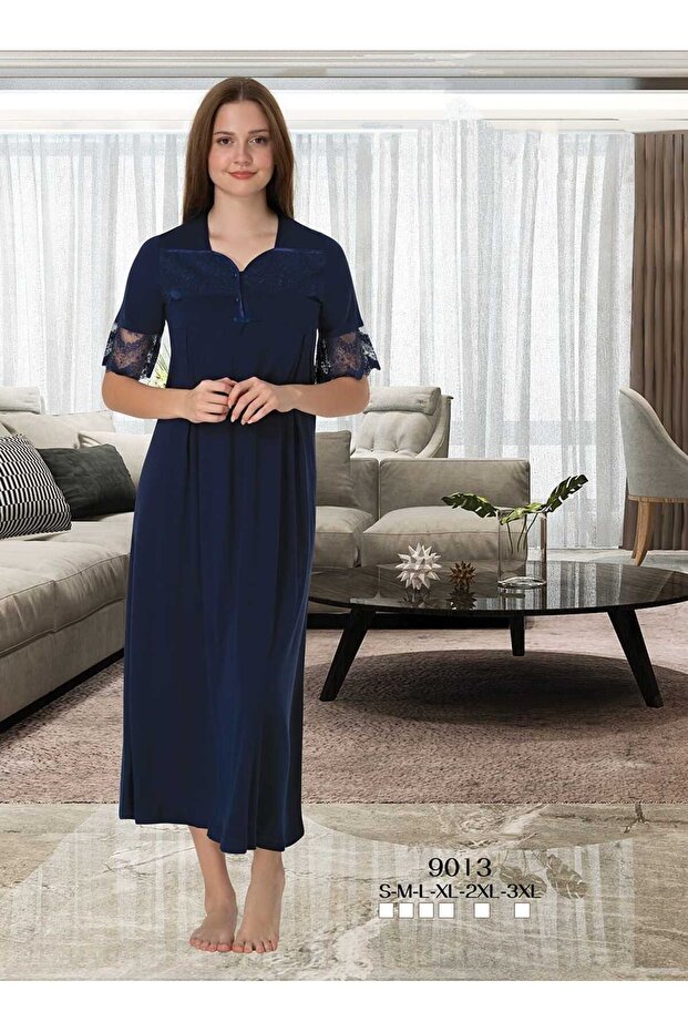 Women's Navy Blue Lace Summer Special Design Cotton Maternity Nightgown