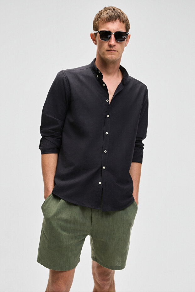 Perttu Men's 100% Cotton Slim Fit Slim Fit Buttoned Collar Linen Look Flared Black Shirt