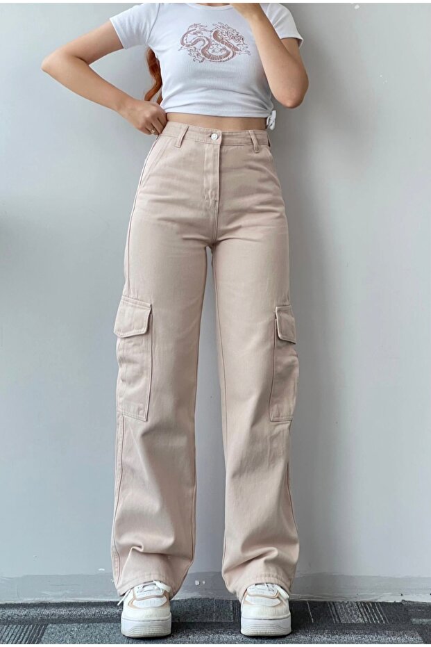 Beige Cargo Pocket Palazzo Wide Leg Multi Pocket Women's Summer Pants Can Be Combined Pants