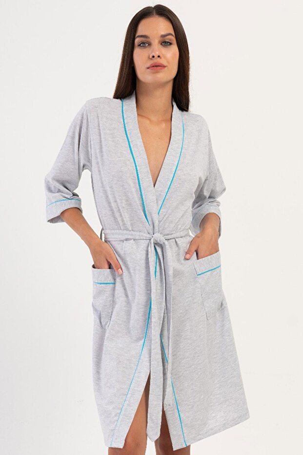 Women's Capri Sleeve Blue Dressing Gown 100% Cotton C0T6N3O504