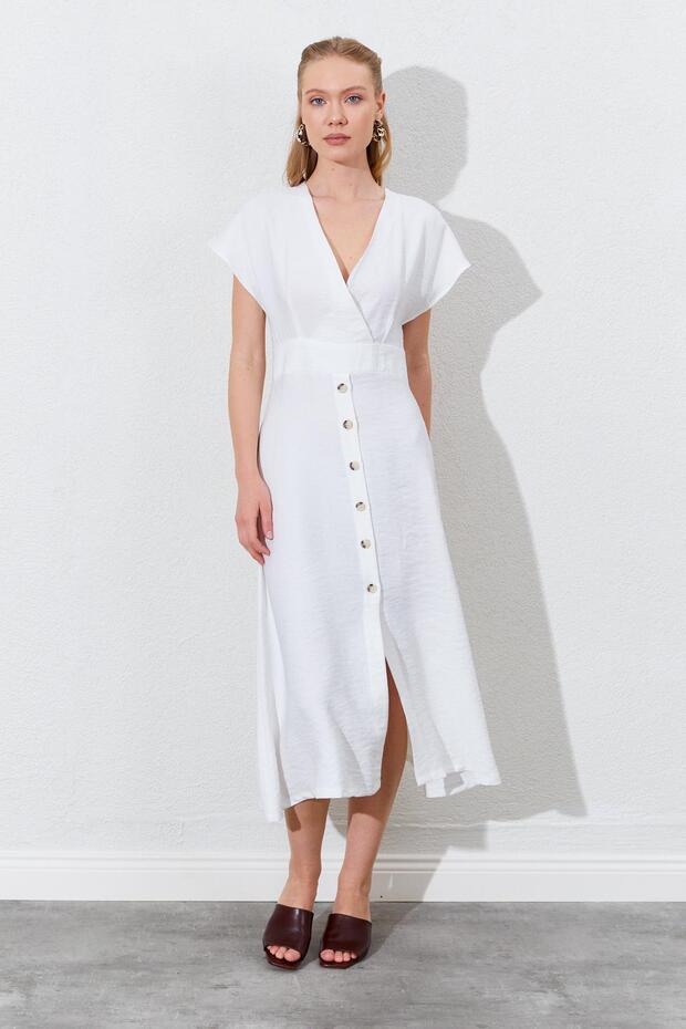 Women's Ecru Double Breasted Collar Skirt Buttoned Modal Dress
