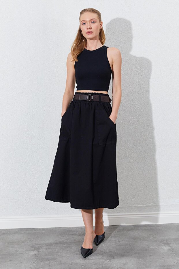 Women's Black Palaska Belted Gabardine Skirt with Front Pocket