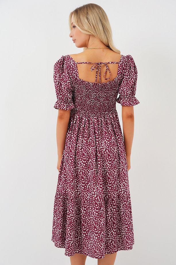 Kadın Kısa Kol Çiçekli Elbise 2556 - Bordo - 6