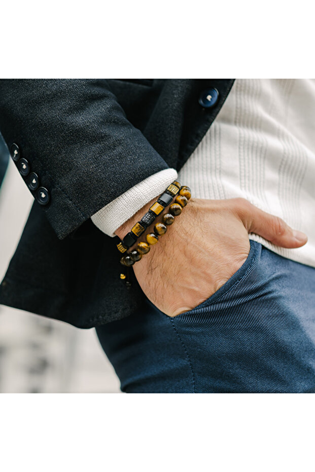 Pánský náramek GT Collection s plochými korálky, TYGŘÍ OKO, ČERNÝ ONYX, energetické kameny, univerzální velikost a nastavitelná šňůrka - 4