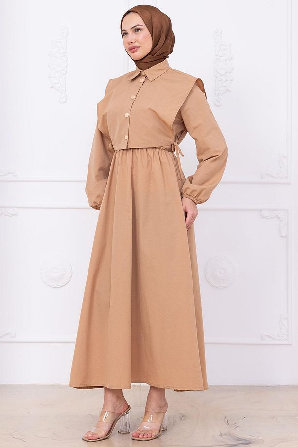 Bolerolu Beli Lastikli Elbise Camel HM2756 - 4