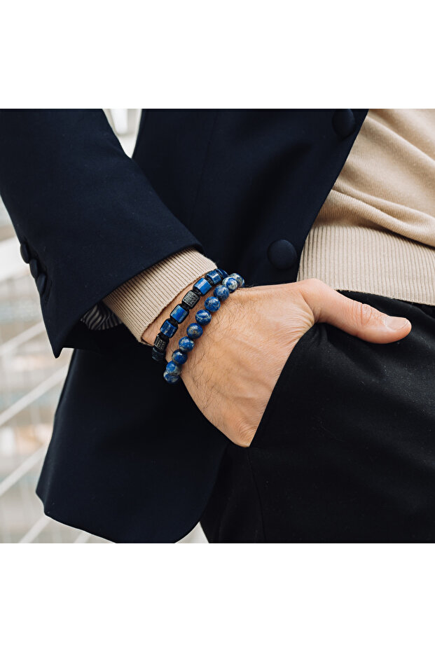Pánský náramek GT Collection s jedním korálkem a energetickými kameny LAPIS LAZULI, univerzální velikost a nastavitelná šňůrka - 4