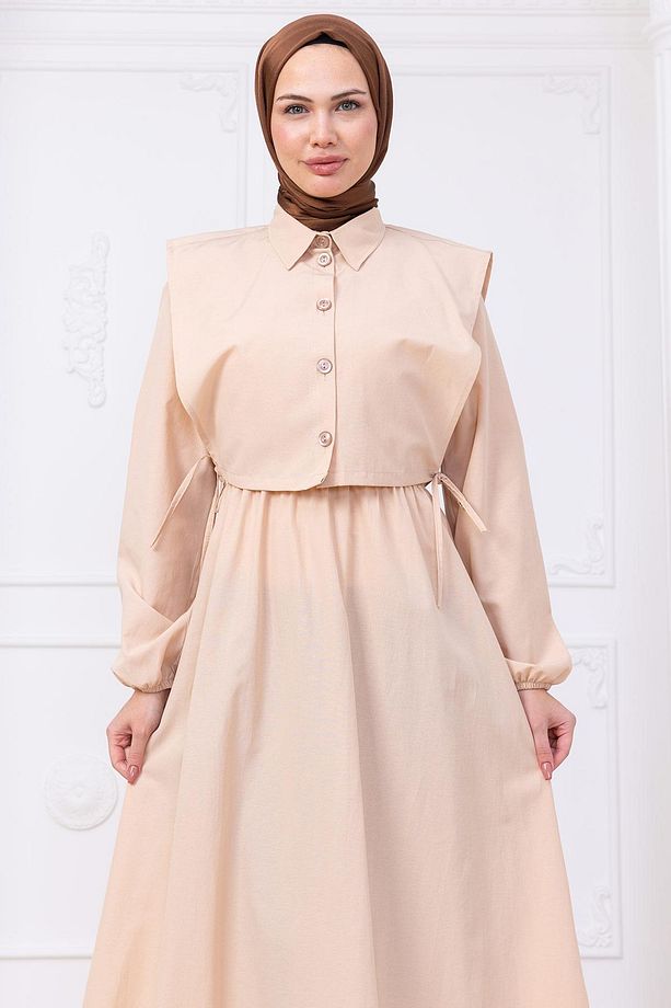 Bolerolu Beli Lastikli Elbise Bej HM2756 - 6