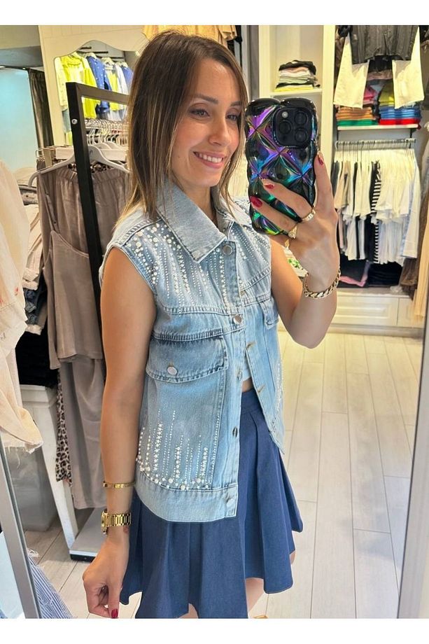 MZR Collection Kadın Cebi ve Göğsü İnci İşlemeli Kot Yelek - 2