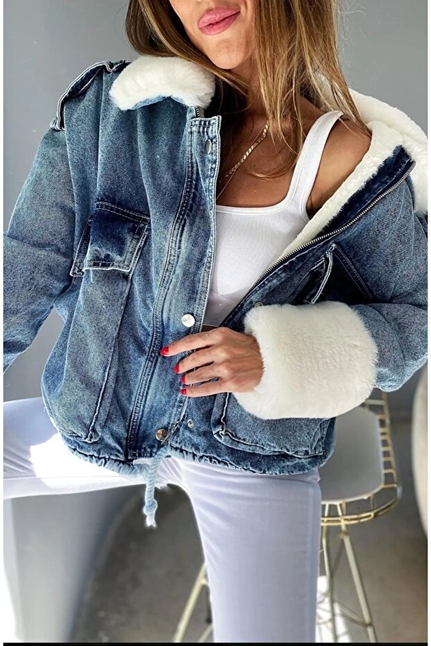 Women's Denim Coat with Fur Collar and Sleeves