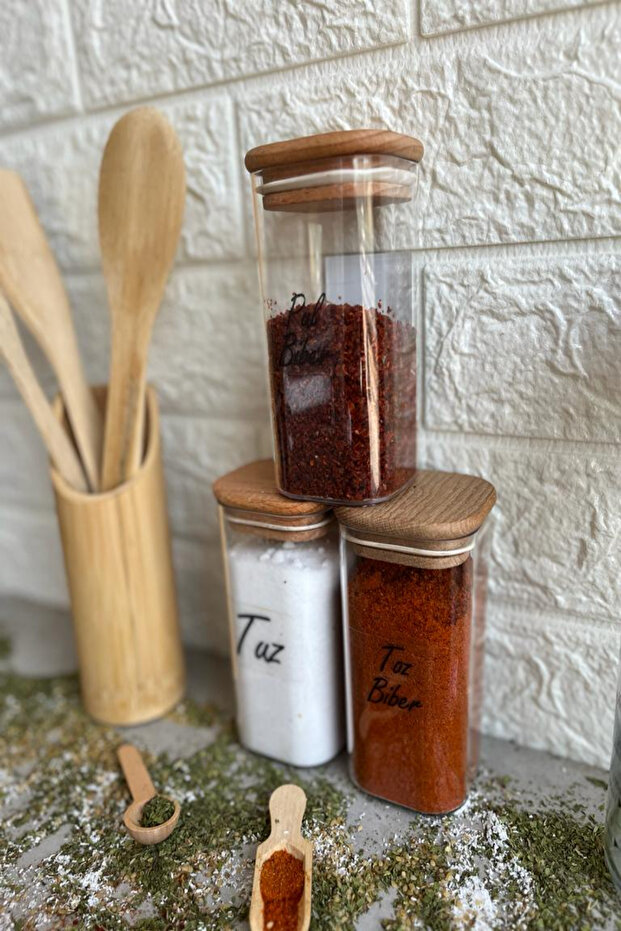 3-Piece 300 ml Wooden Lid Vacuum Transparent Labeled Mica Spice Jar Set Storage Container