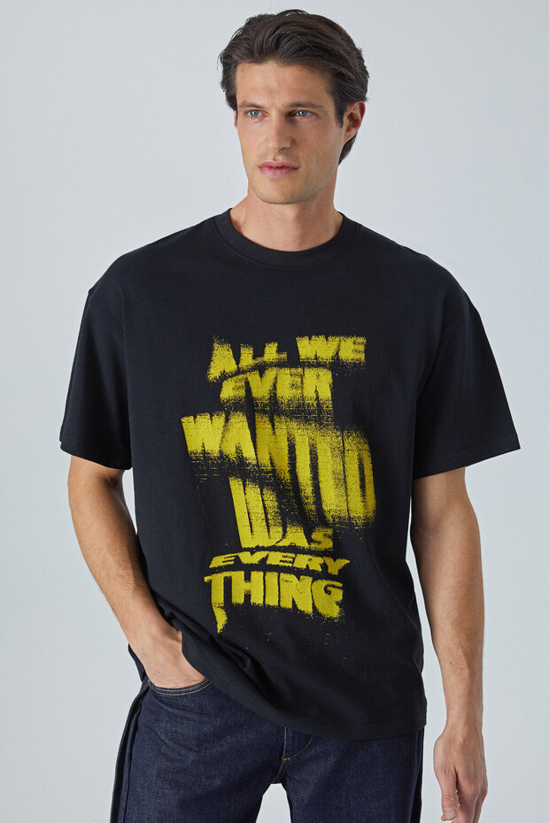 Edimburgo Men's Print Detailed 100% Organic Cotton Oversize Crew Neck Black T-Shirt