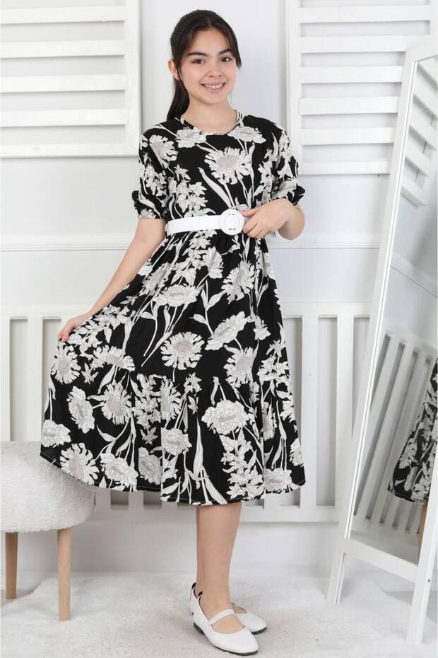 Girl's Black Floral Patterned Wrapped Fabric Summer Belted Eid Long Dress