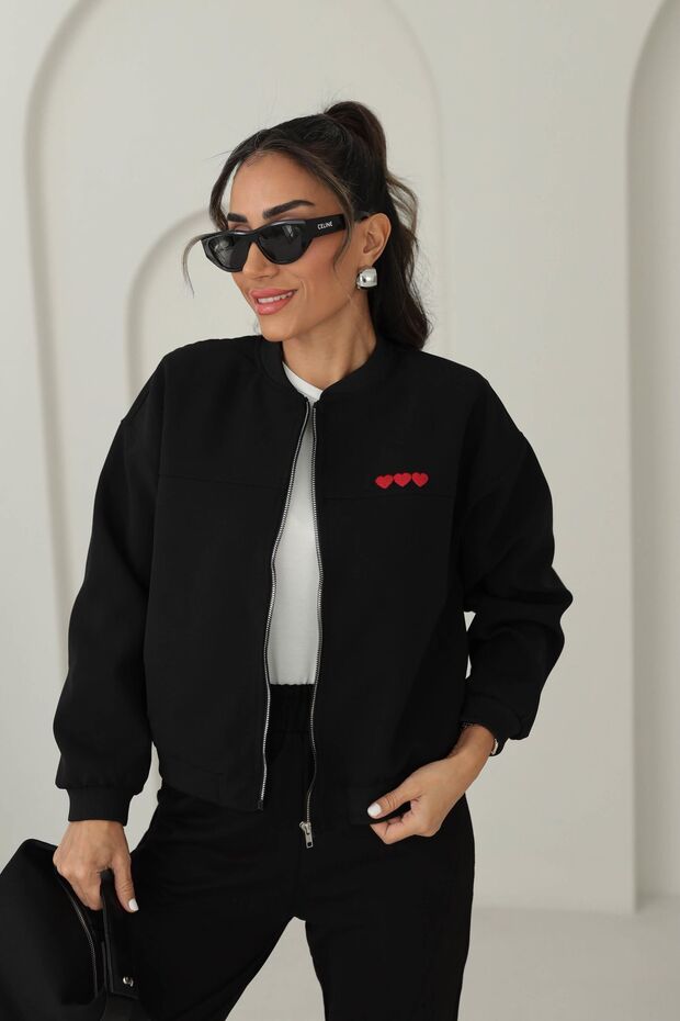 Keyymod Women's Thin Padded Heart Embroidered Bomber Jacket