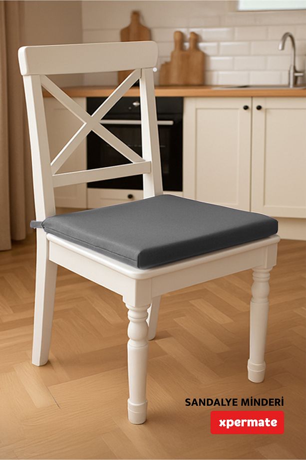 Fermuarlı 2'li Sandalye Minderi Su Itici Kumaş 40x40 Cm Sünger Sandalye Minderi Bağcıklı Antrasit - 6
