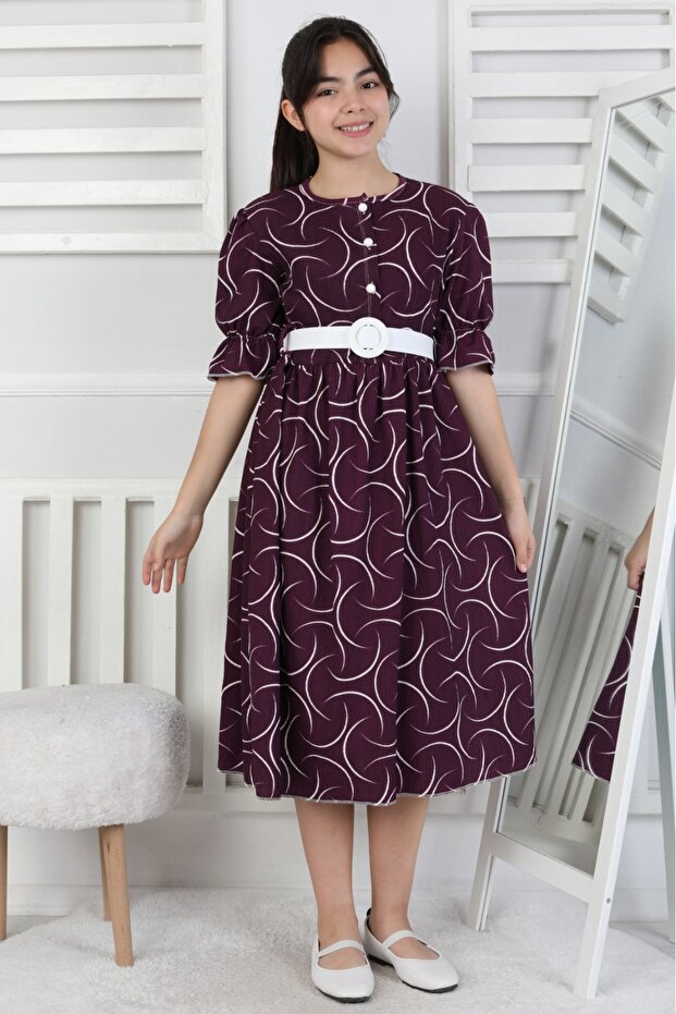 Girl Purple Patterned Summer Long Holiday Dress with Belt