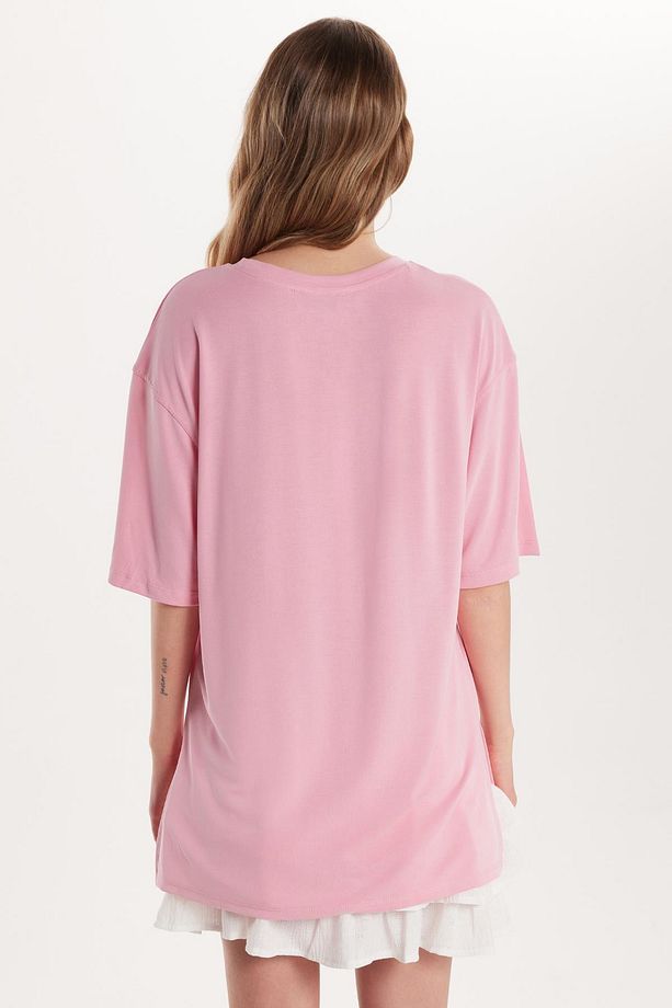 Kadın Modal Kumaş Regular Fit Kısa Kollu Bisiklet Yaka Pembe Tişört - 5