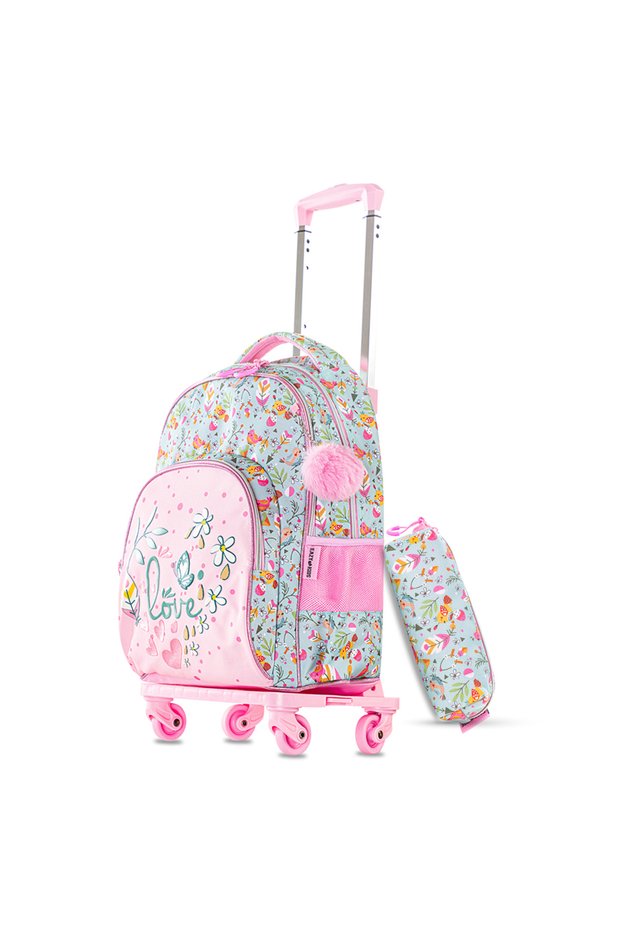 17" School Bag Set of 3 w/ 4 Wheel Trolley, Pencil Pouch - Love Pink