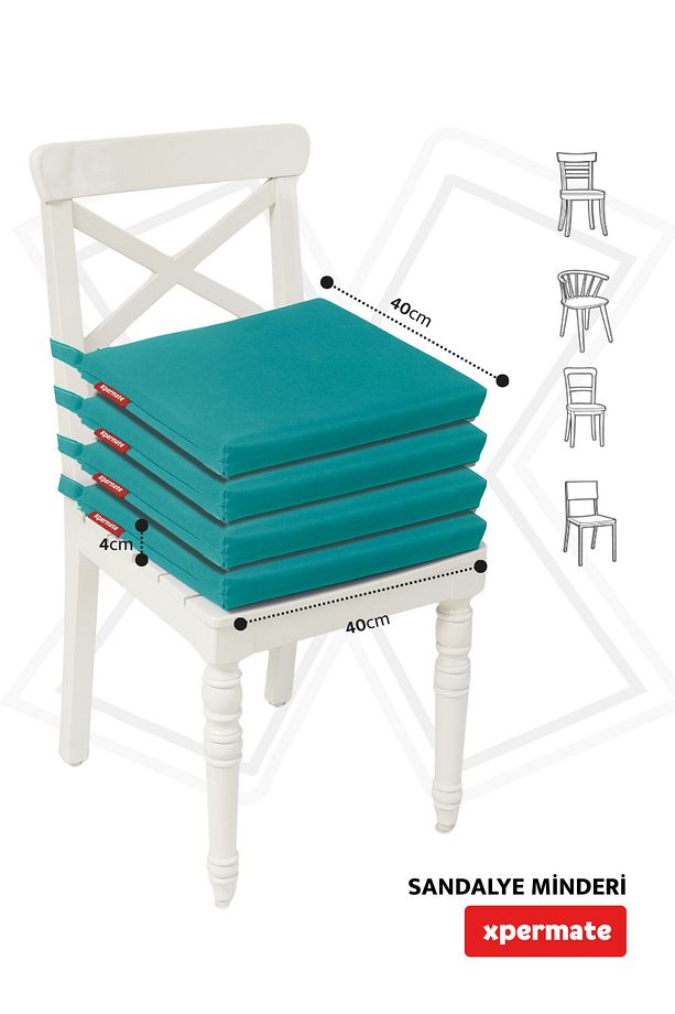 Fermuarlı 4'lü Sandalye Minderi Su Itici Kumaş 40x40 Cm Sünger Sandalye Minderi Bağcıklı Yeşil - 5