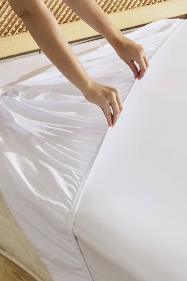 Fésült pamut dupla méretű, 100% pamut rugalmas lepedő, fehér - 2