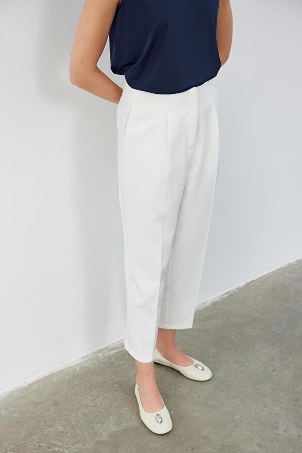 Ecru High Waist Trousers - Collet Detailed