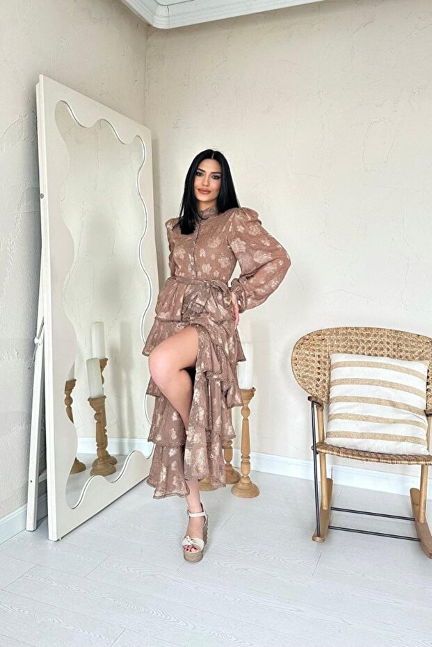 Vizon Valonlu Şeritli Kat Kat Elbise - 1