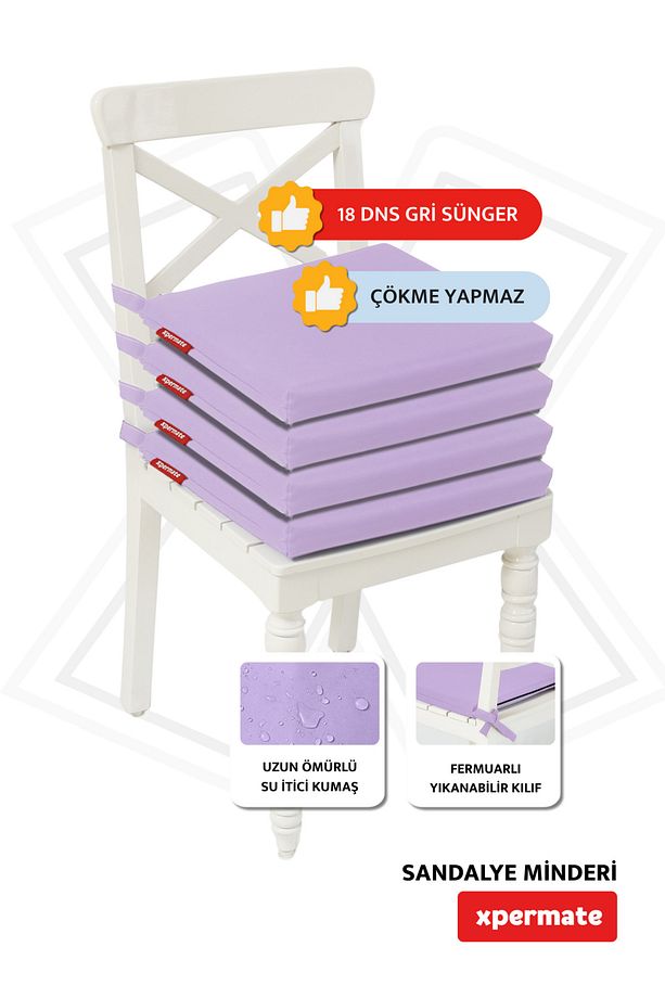 Fermuarlı 4'lü Sandalye Minderi Su Itici Kumaş 40x40 Cm Sünger Sandalye Minderi Bağcıklı Lila - 3