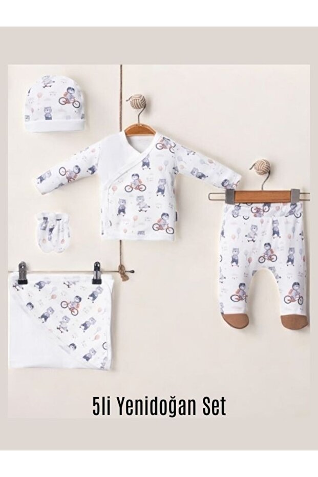 Newborn Bodysuit Set/Hospital Release Bear Patterned Blanket Cotton 5 Pieces