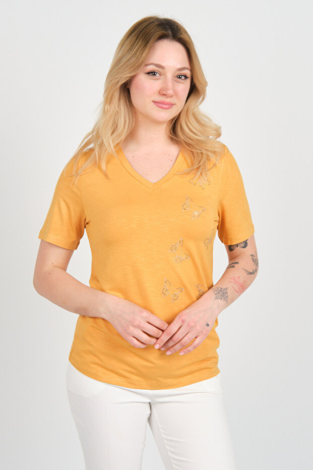 Women Butterfly Shape Stone Decorated V Neck Short Sleeve Blouse 24E047 Mustard