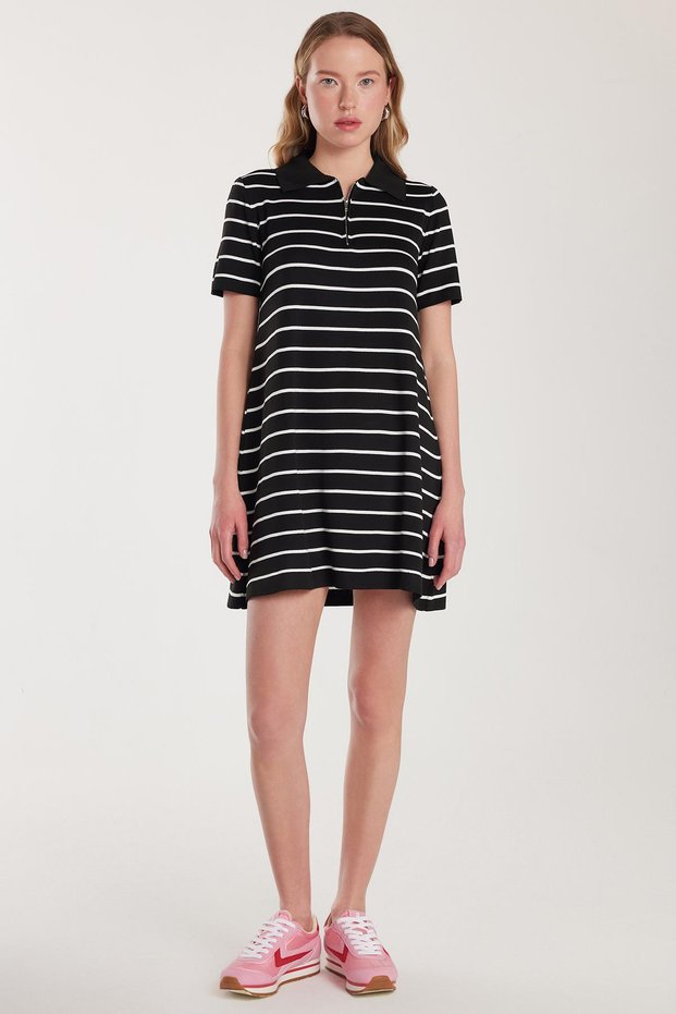 Women's Standard Fit Short Sleeve Zip Shirt Collar Striped Black Dress