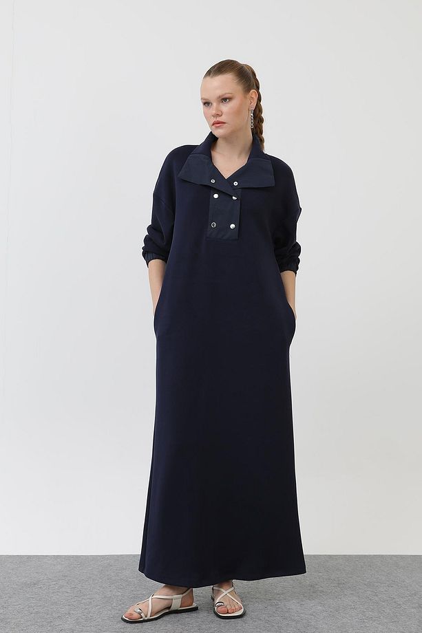 Kadın Çıtçıt Detaylı Elbise - 12593ELB - NAVY - 1
