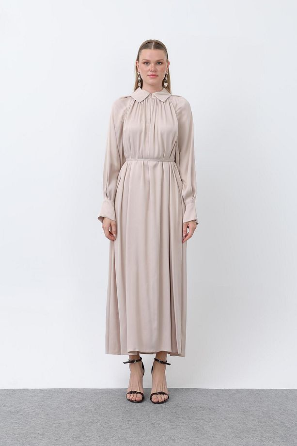 Kadın Önü Fermuar Drape Detaylı Bağcıklı Elbise - 12607ELB - BEIGE - 3