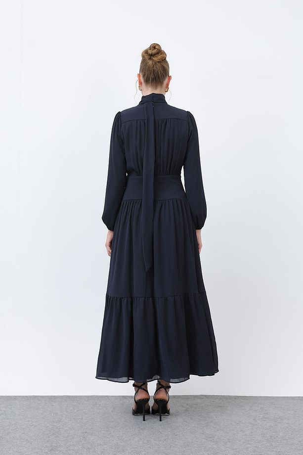 Kadın Drape Detaylı Yüksek Yaka Elbise - 12613ELB - NAVY - 5