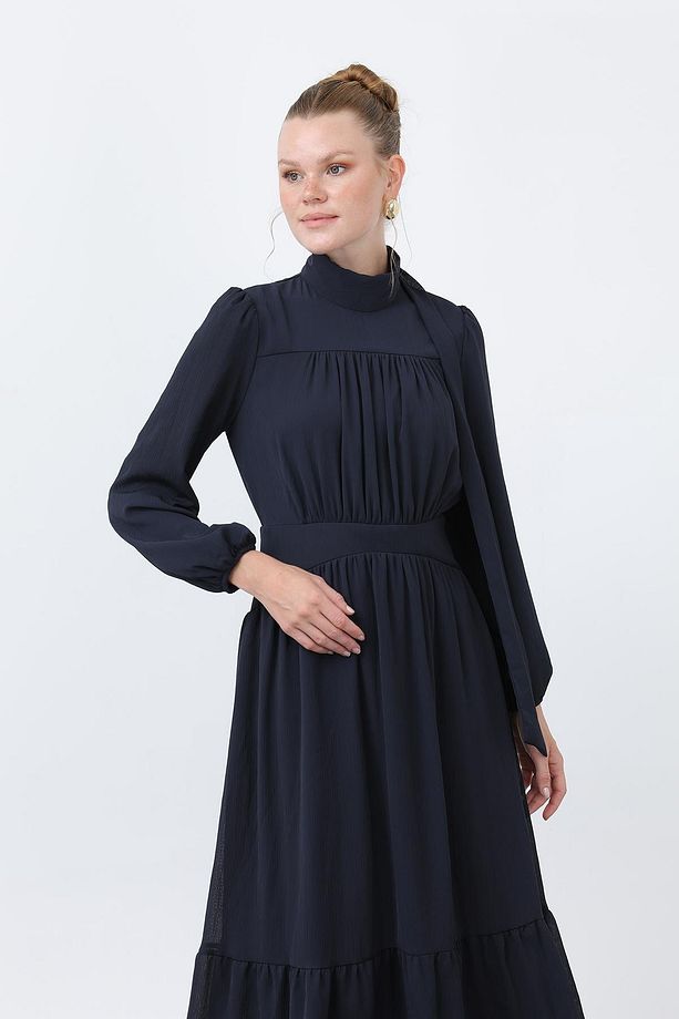 Kadın Drape Detaylı Yüksek Yaka Elbise - 12613ELB - NAVY - 2