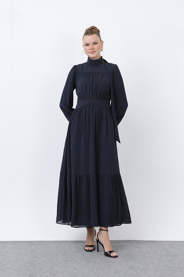 Kadın Drape Detaylı Yüksek Yaka Elbise - 12613ELB - NAVY - 1