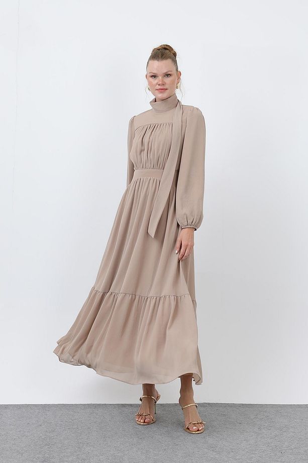 Kadın Drape Detaylı Yüksek Yaka Elbise - 12613ELB - BEIGE - 1