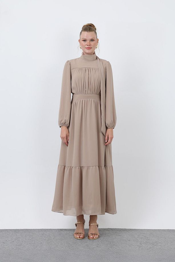 Kadın Drape Detaylı Yüksek Yaka Elbise - 12613ELB - BEIGE - 3
